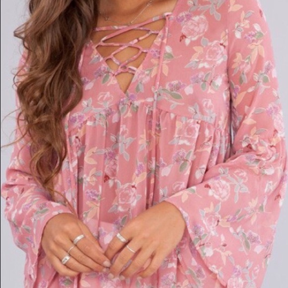 Peach Love California Tops - Peach Love Dusty Pink Floral Bell Sleeve Blouse